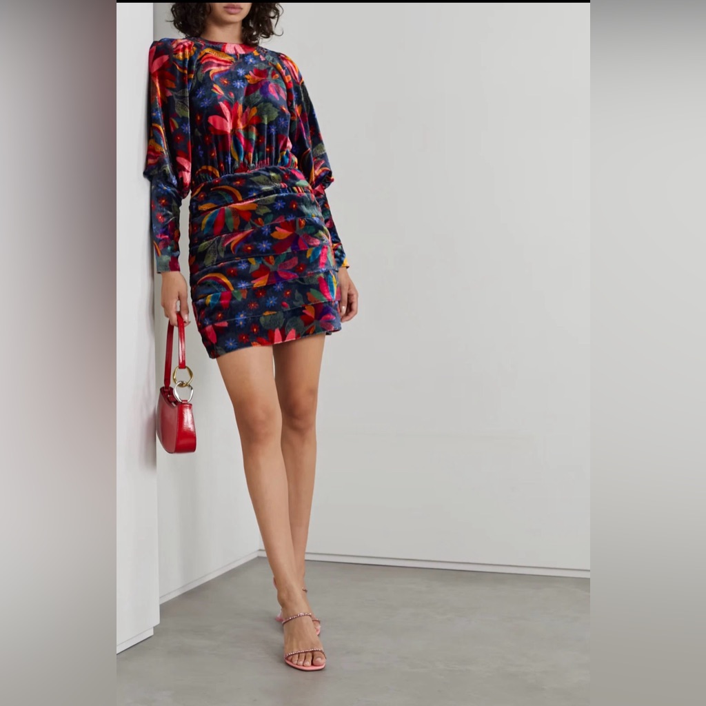 Farm Rio Floral Butterfly Dragonfly Banana Sky Ruched Velvet Dress